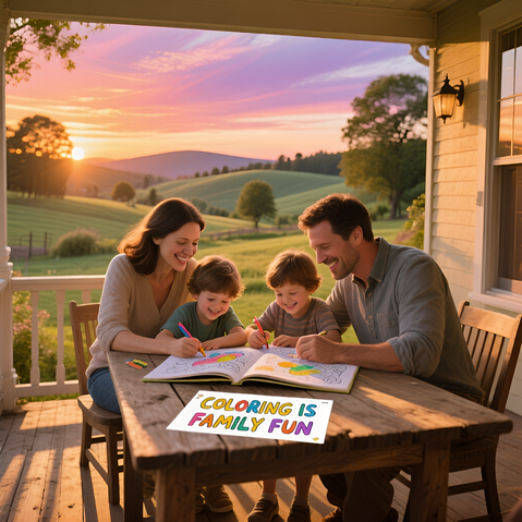 Family gathered around a table coloring printable pages together