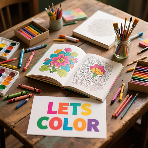 Person calmly coloring at a desk with a cup of tea nearby
