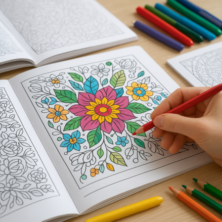 Person calmly coloring an intricate page at a tidy desk