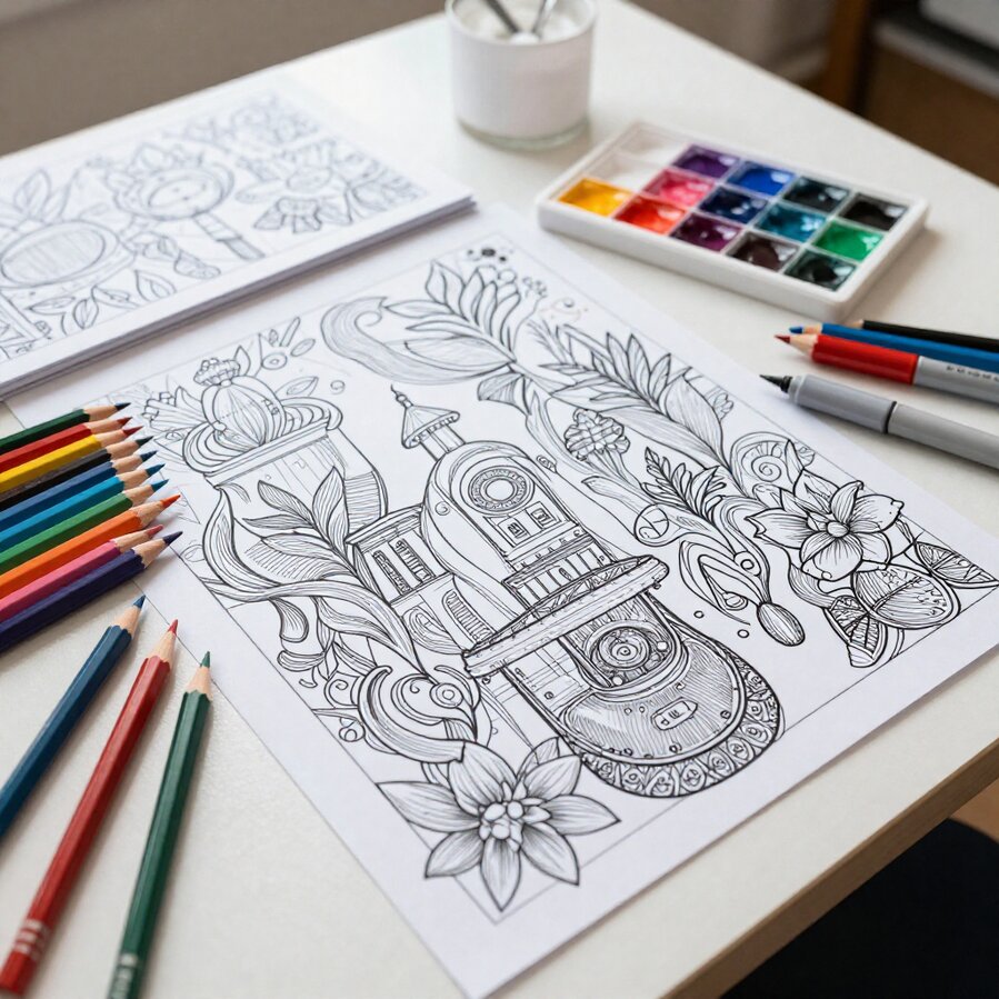 Person calmly coloring with a warm drink nearby