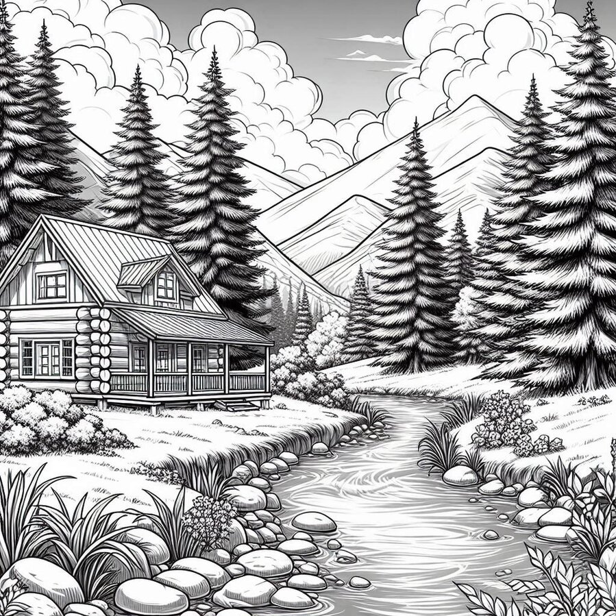 Cozy home interior adult coloring page with armchair and books