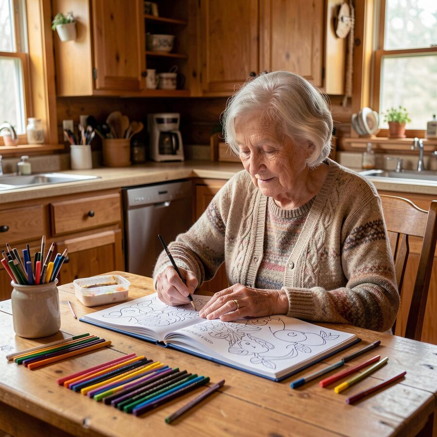 Adult taking a quiet break to color an illustrated page with colored pencils