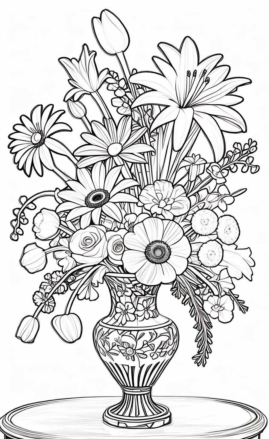 Floral adult coloring page with leaves and flowers